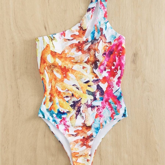 Boho Watercolor Floral Print One Shoulder Monokini One Piece Swimsuit - Picture 2 of 4